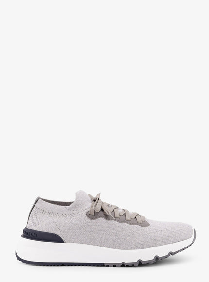 Brunello Cucinelli Cotton Knit Sneakers With Leather Inserts Silver Fumo