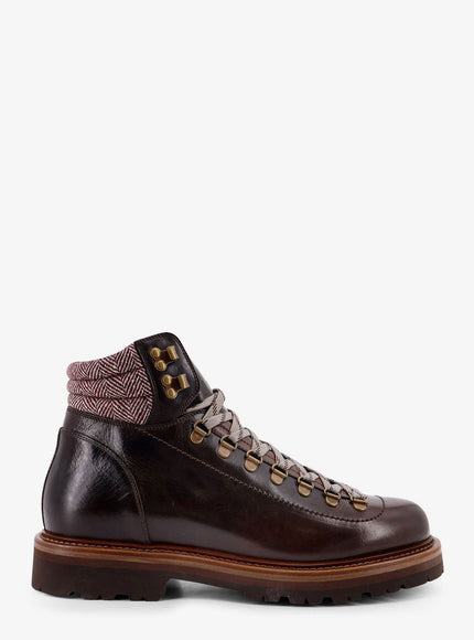 Brunello Cucinelli Mountain Boot Leather Ankle Boots With Wool And Cashmere Insert Castagno