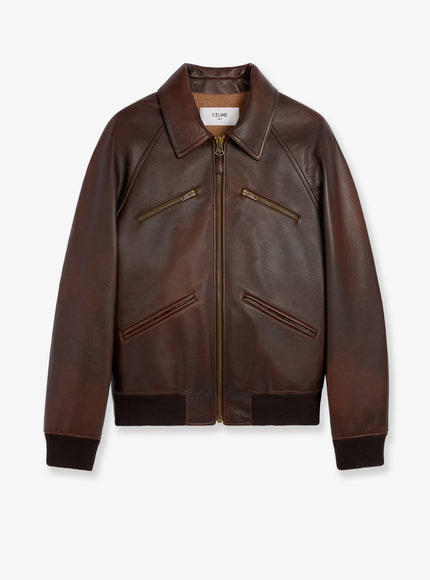 Celine Leather Jacket With Wool Lining Dark Brown Natural