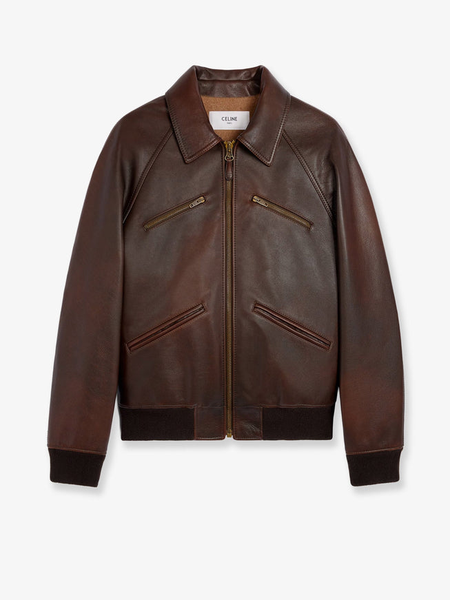 Celine Leather Jacket With Wool Lining Dark Brown Natural