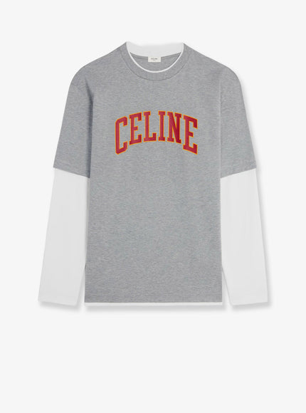 Celine Cotton T-Shirt With Logo Print Grey Melange