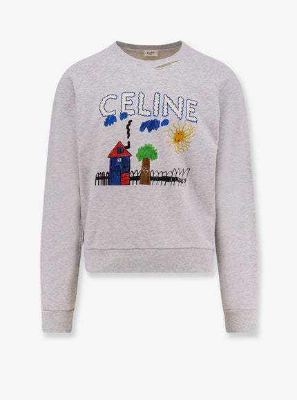 Celine Cotton Sweatshirt With Multicolor Print Pale Grey Multico