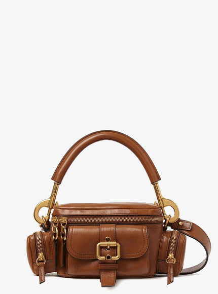 Chloe' Small Double Carry Leather Bag With Multipocket Detail Uni Marrone