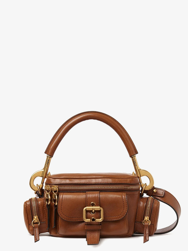 Chloe' Small Double Carry Leather Bag With Multipocket Detail Uni Marrone