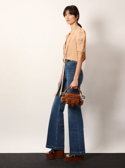 Chloe' Small Double Carry Leather Bag With Multipocket Detail