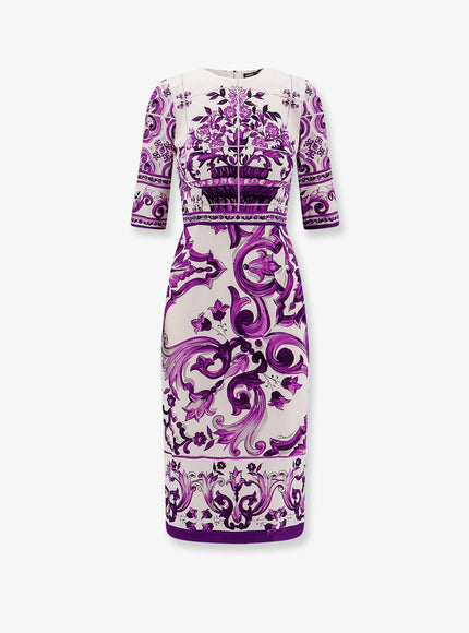 Dolce & Gabbana Silk Midi Pencil Dress With Maiolica Print Mix Maiolica Viola