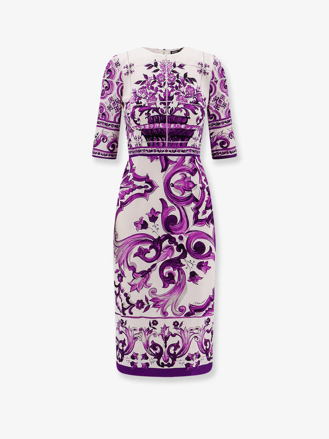 Dolce & Gabbana Silk Midi Pencil Dress With Maiolica Print Mix Maiolica Viola