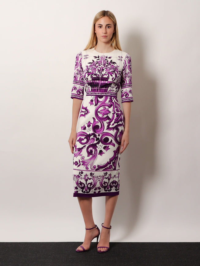 Dolce & Gabbana Silk Midi Pencil Dress With Maiolica Print