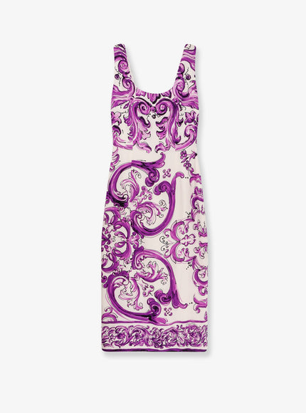 Dolce & Gabbana Silk Midi Pencil Dress With Maiolica Print Mix Maiolica L Viola