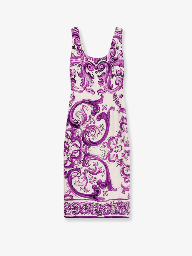 Dolce & Gabbana Silk Midi Pencil Dress With Maiolica Print Mix Maiolica L Viola