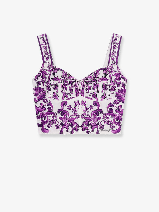 Dolce & Gabbana Cotton Blend Bustier Top With Maiolica Print Maiolica 4L Viola