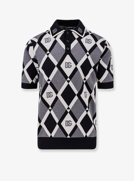 Dolce & Gabbana Virgin Wool Polo Shirt With Geometric Print Nero B.co Grigio