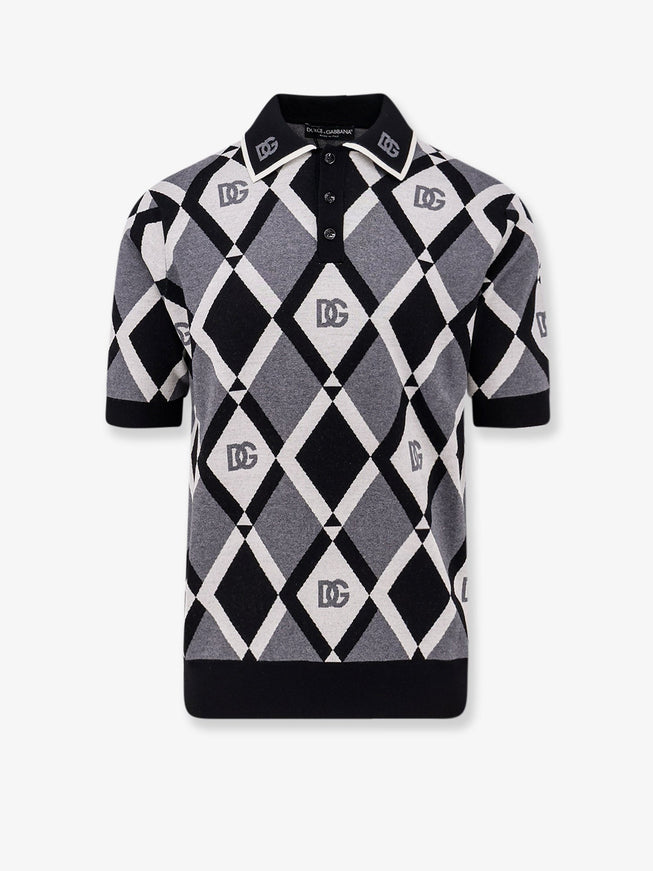 Dolce & Gabbana Virgin Wool Polo Shirt With Geometric Print Nero B.co Grigio