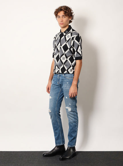 Dolce & Gabbana Virgin Wool Polo Shirt With Geometric Print