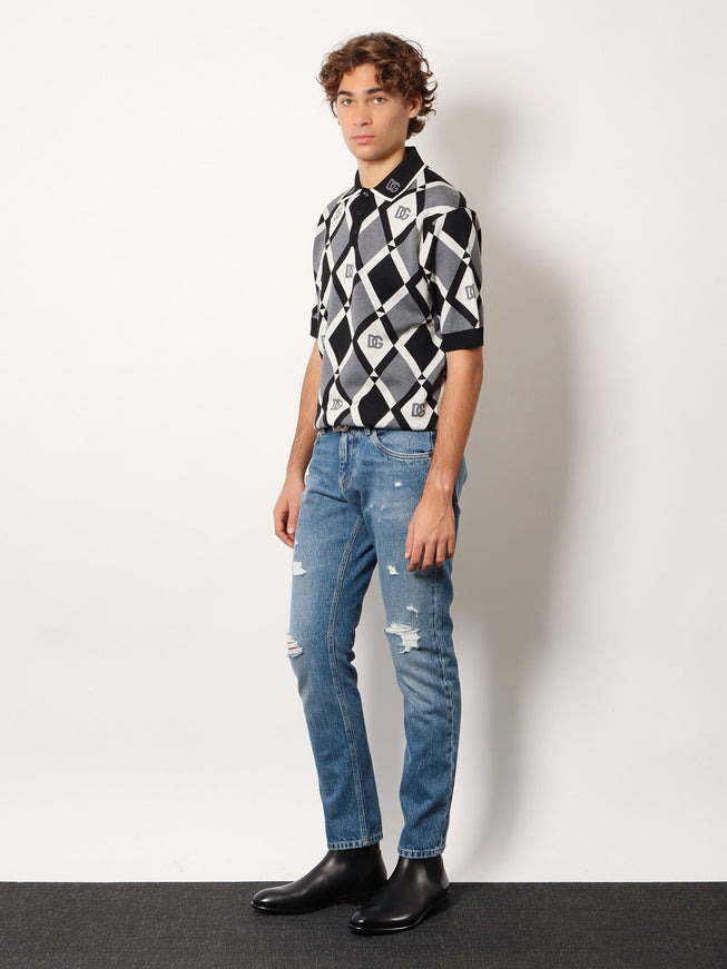 Dolce & Gabbana Virgin Wool Polo Shirt With Geometric Print
