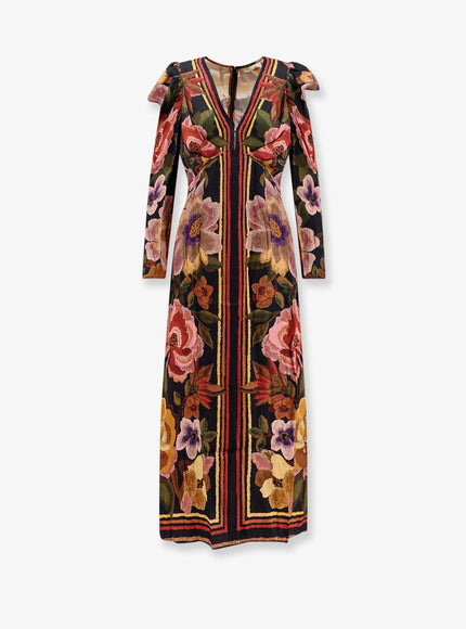 Farm Rio Viscose Long Dress With Chenille Flowers Print Chenille Flowers Black