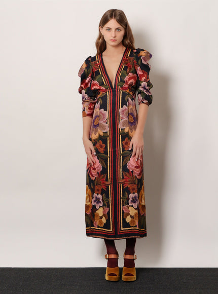 Farm Rio Viscose Long Dress With Chenille Flowers Print