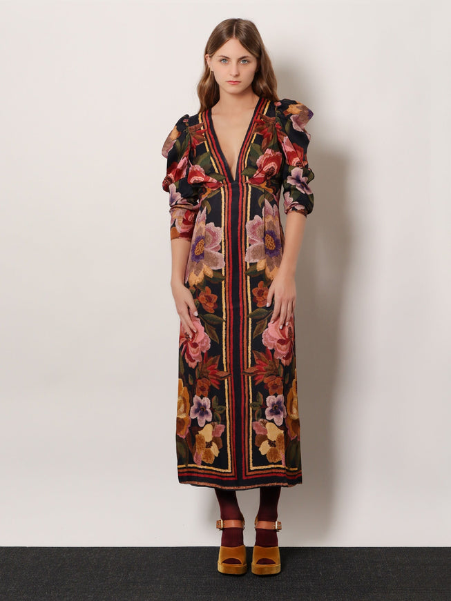 Farm Rio Viscose Long Dress With Chenille Flowers Print