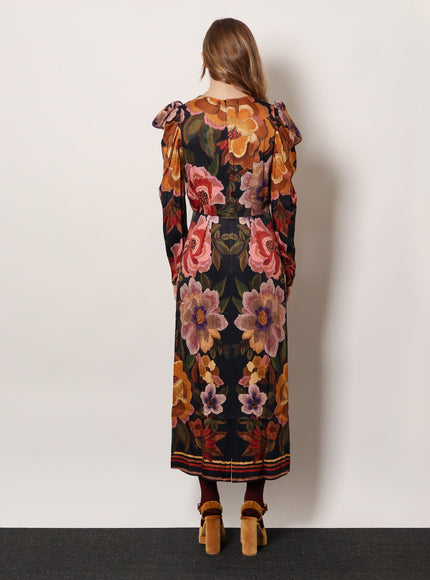 Farm Rio Viscose Long Dress With Chenille Flowers Print