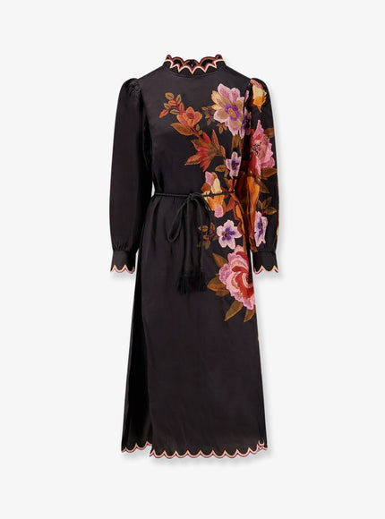 Farm Rio Satin Midi Dress With Floral Print Chenille Flowers Black