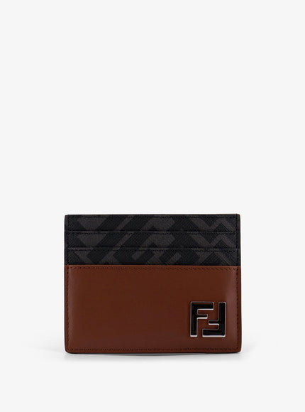 Fendi Portacarte In Pelle E Tessuto Ff Uni Durk Nut