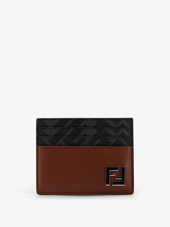 Fendi Portacarte In Pelle E Tessuto Ff Uni Durk Nut