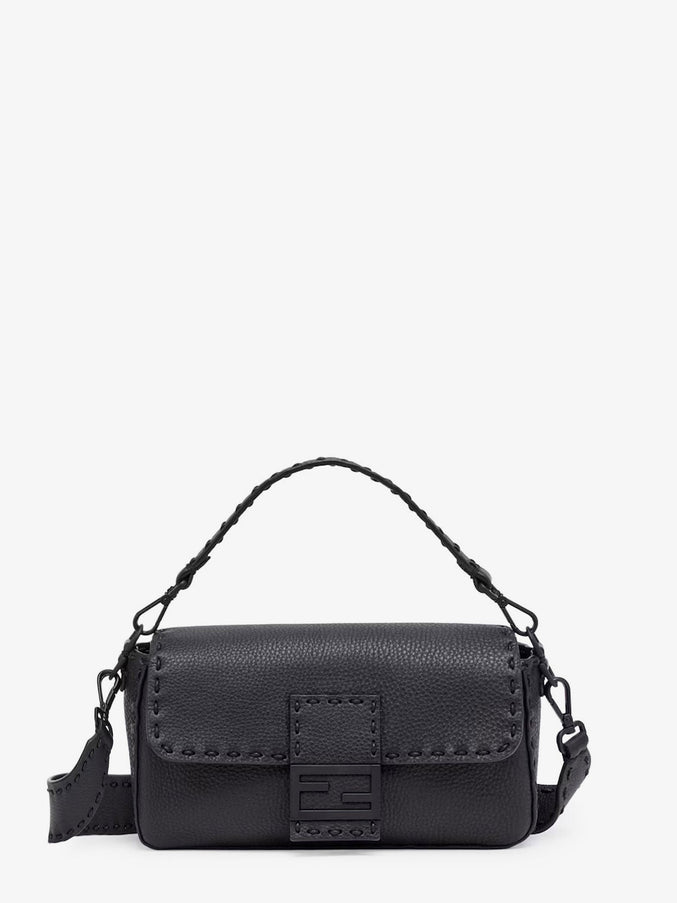 Fendi Baguette Leather Shoulder Bag With Selleria Stitchings Uni Asphalt+Palladio