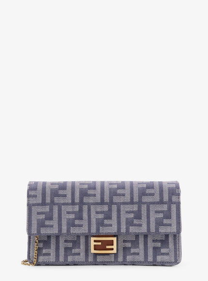 Fendi Baguette Wallet On Chain Leather Shoulder Bag With Ff Motif Uni Mirto+Dark Nut+Os