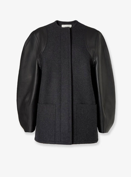 Fendi Virgin Wool Coat With Leather Sleeves Grey Melange