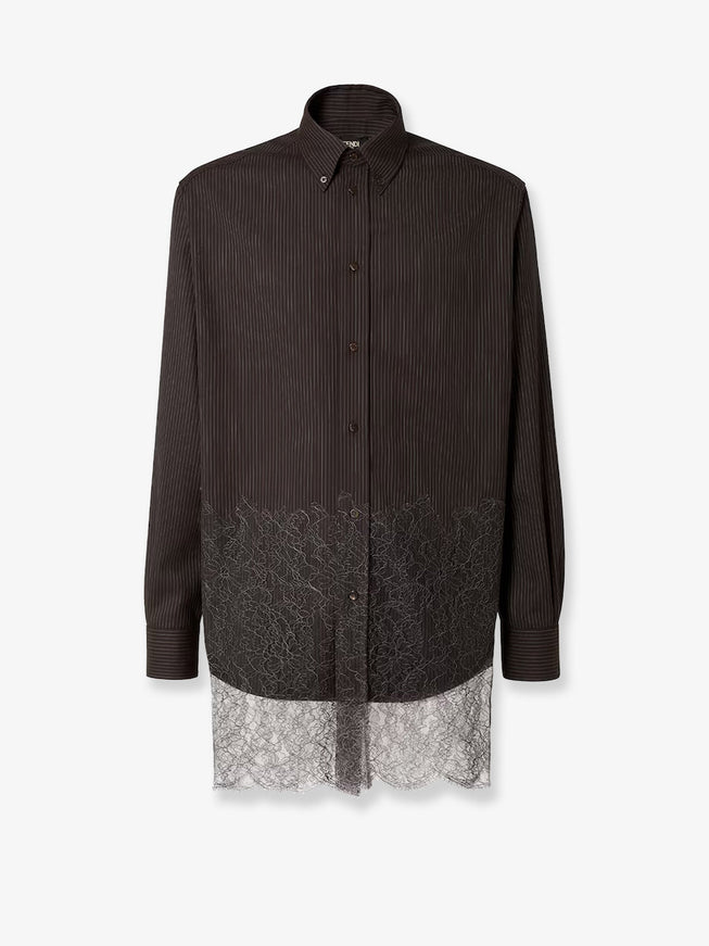 Fendi Pinstriped Wool Shirt With Lace Insert Xs Espresso