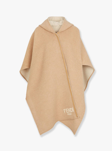 Fendi Wool And Cashmere Poncho With Leather Profiles Uni Beige