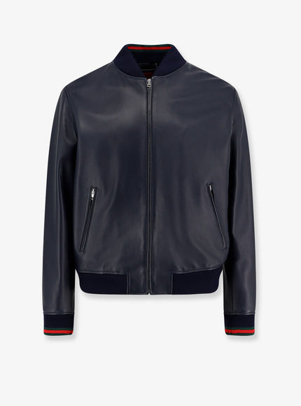 Gucci Leather Jacket Witth Web Details Blu Navy V-Rosso-V