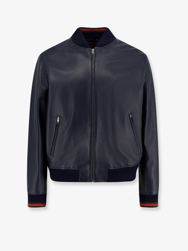 Gucci Leather Jacket Witth Web Details Blu Navy V-Rosso-V