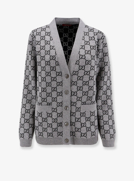 Gucci Reversible Wool Cardigan With Gg Motif Smoke Grey Black
