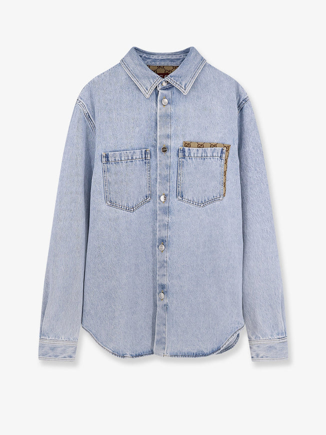 Gucci Denim Shirt With Gg Insert Light Blue Mix