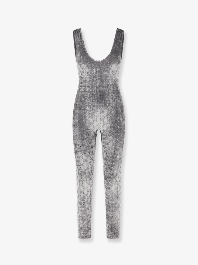 Gucci Stretch Chenille Jumpsuit With All-Over Crystals Grey Mix