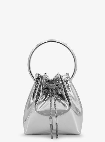 Jimmy Choo Bonbon Mirrored Fabric Bucket Bag Uni Silver