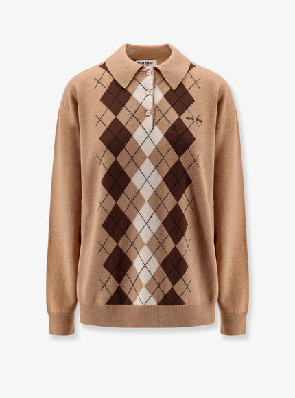 Miu Miu Cashmere Polo Shirt With Miu Miu Embroidery Cammello
