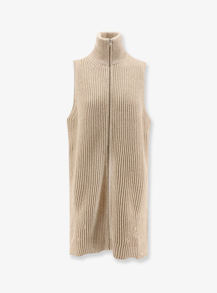Mm6 Maison Margiela Sleeveless Long Wool Blend Cardigan With Distressed Effect Beige Melange