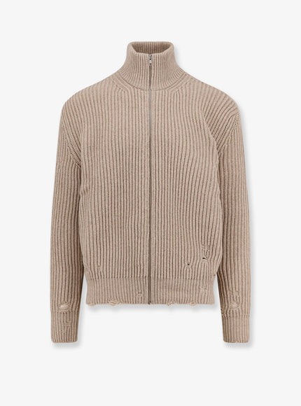 Mm6 Maison Margiela Wool Blend Cardigan With Distressed Effect Beige