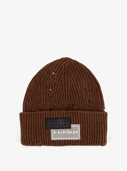 Mm6 Maison Margiela Wool Blend Beanie Hat With Distressed Effect Brown
