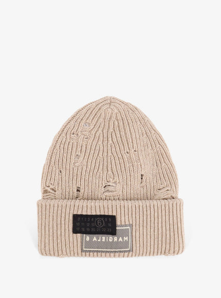 Mm6 Maison Margiela Wool Blend Beanie Hat With Distressed Effect Beige
