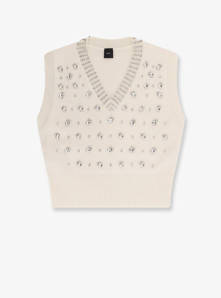 Pinko Wool Blend Vest With Rhinestones Bianco
