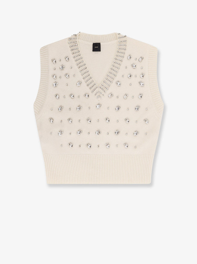 Pinko Wool Blend Vest With Rhinestones Bianco