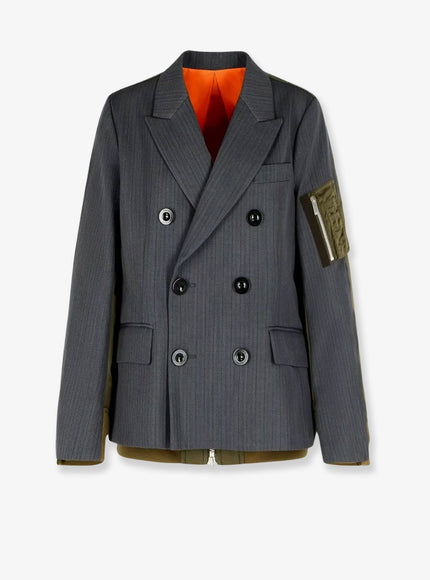 Sacai Double-Breasted Wool And Nylon Blazer Gray×D Khaki