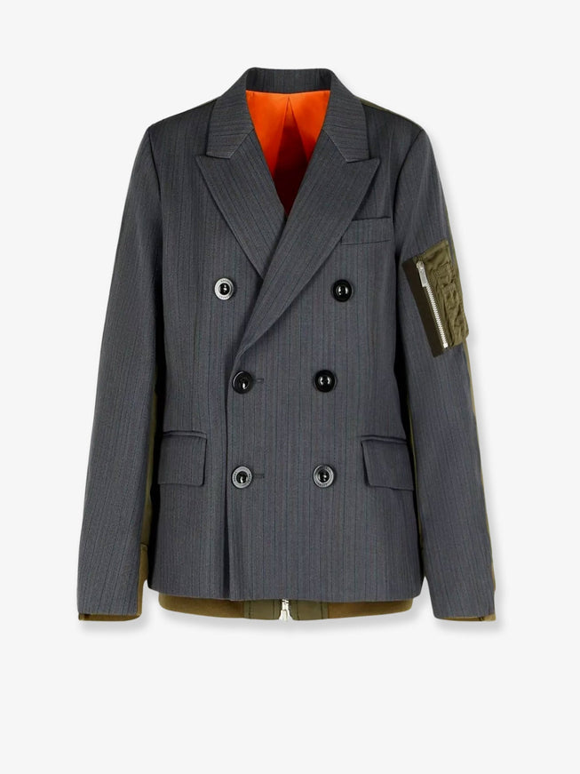 Sacai Double-Breasted Wool And Nylon Blazer Gray×D Khaki