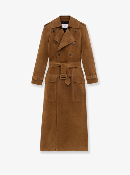 Saint Laurent Long Double-Breasted Suede Trench Coat Noix