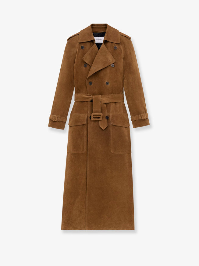 Saint Laurent Long Double-Breasted Suede Trench Coat Noix