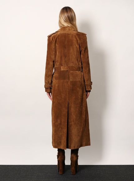 Saint Laurent Long Double-Breasted Suede Trench Coat