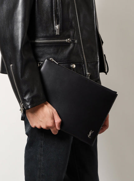 Saint Laurent Leather Clutch With Monogram Detail